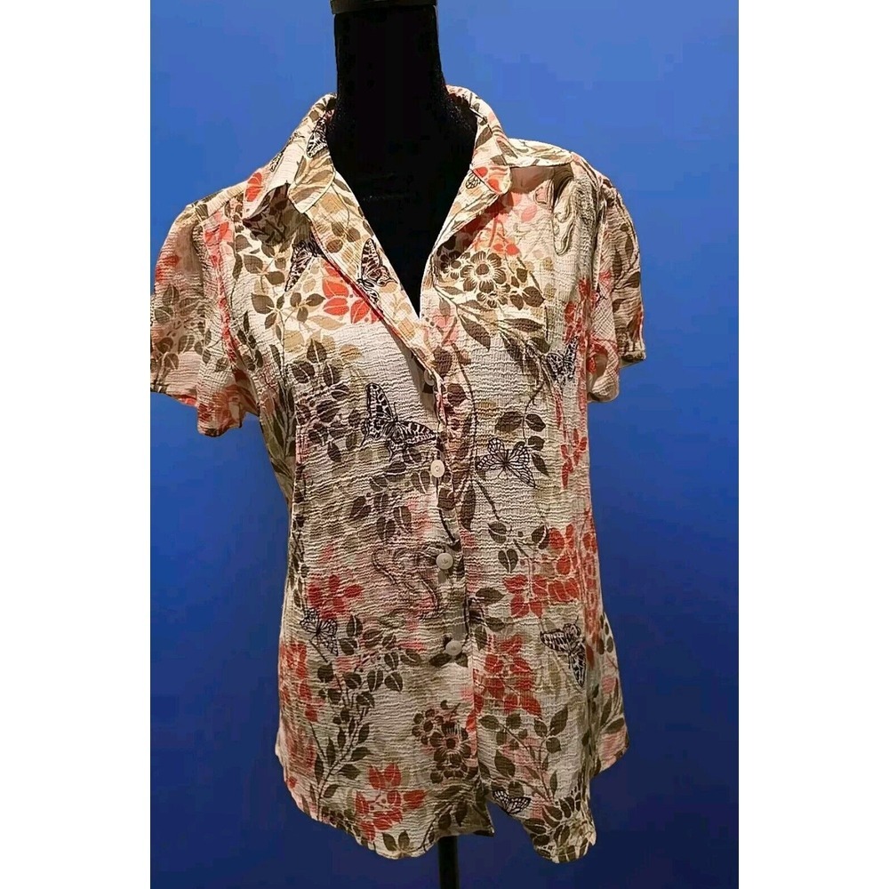 Alfred Dunner Shirt Women 6  Blouse Shirt Short‎ Sleeve Pink Brown Beige Floral